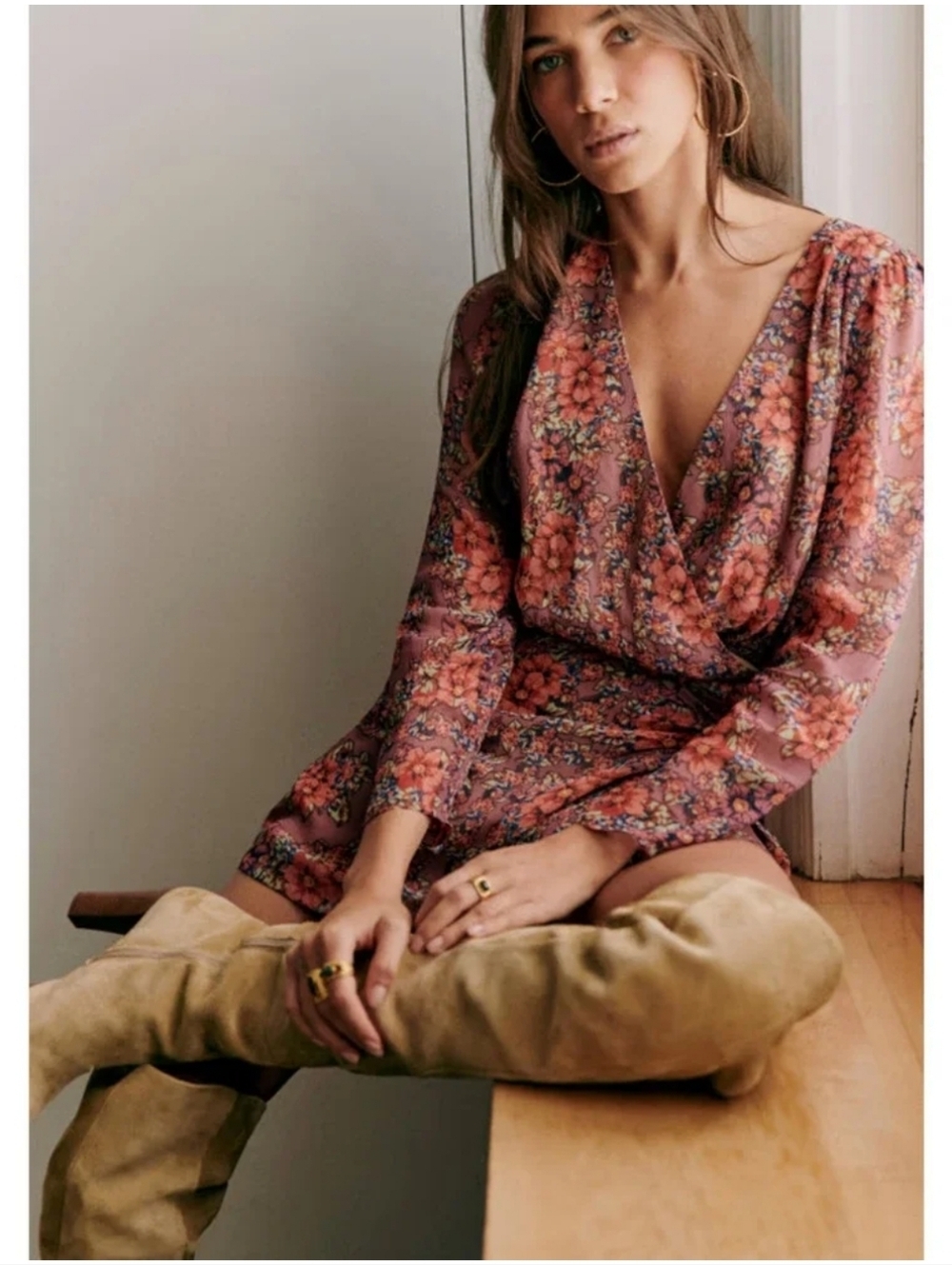 Sézane Noemia Floral Wrap Dress - Mauve with Coral Flower Print - Picture 3 of 11